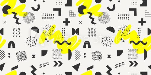 Vector geometric seamless pattern with yellow brush strokes. Hipster Memphis style.