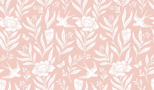 Boho mystical seamless pattern. Vector background with bird and floral elements in trendy bohemian celestial style.