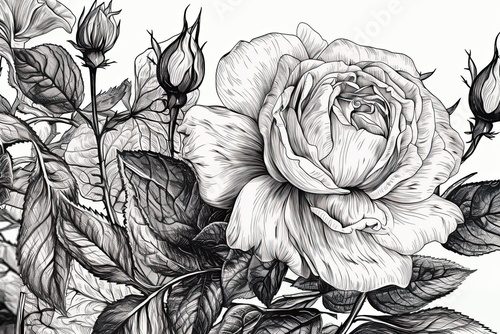 Vintage Engraved Black-and-White Rose with Leaves and Thorns: A Floral Illustration Wallpaper, Generative AI