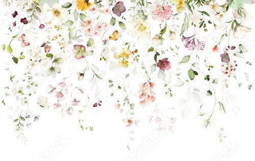 watercolor arrangements with garden flowers. bouquets with pink, yellow wildflowers, leaves, branches. Botanic illustration isolated on white background.