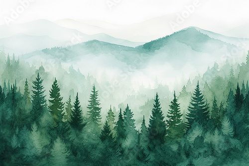Watercolor forest hill landscape background. Beautiful watercolor nature landscape with forest, trees, nature and sky. Watercolor illustration design elements for landscape background and wallpaper.