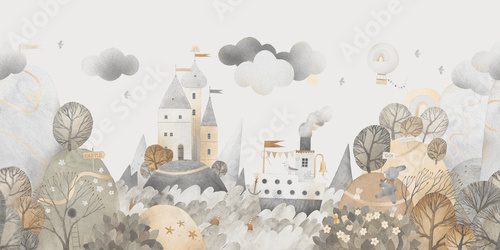 Watercolor landscape, hills, trees, sea, boat. Wallpaper for children's room.