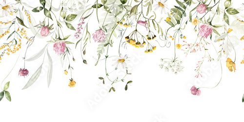 Wild field herbs flowers. Watercolor seamless border - illustration with green leaves, pink yellow buds and branches. Wedding stationery, wallpapers, fashion, backgrounds, textures. Wildflowers.