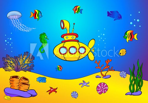 Yellow submarine and fish under water. Seahorse, jellyfish, cora