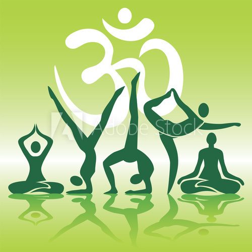 Yoga positions silhouettes on green background