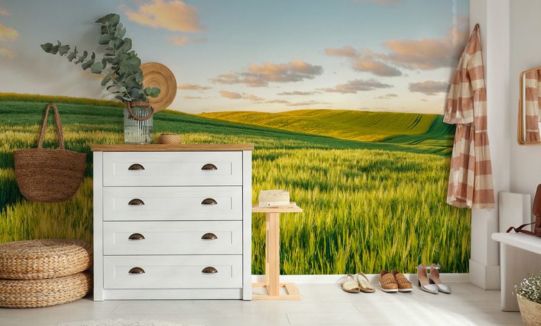 soliga kullar i solnedgangen landskap tapeter tapeter demural