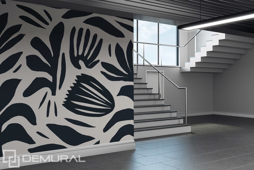 Kontrasterande växtmönster i svart och vitt Blommor Tapeter Tapeter Demural