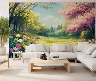 vartradgard fylld av blomstrande ljus tapeter for vardagsrummet tapeter demural