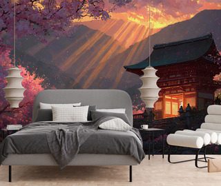 japanskt tempel i solnedgangens sken orientaliska tapeter tapeter demural
