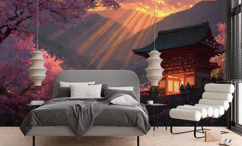 japanskt tempel i solnedgangens sken orientaliska tapeter tapeter demural