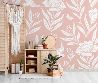 puderrosa blommor i subtil boho stil tapeter for vardagsrummet tapeter demural