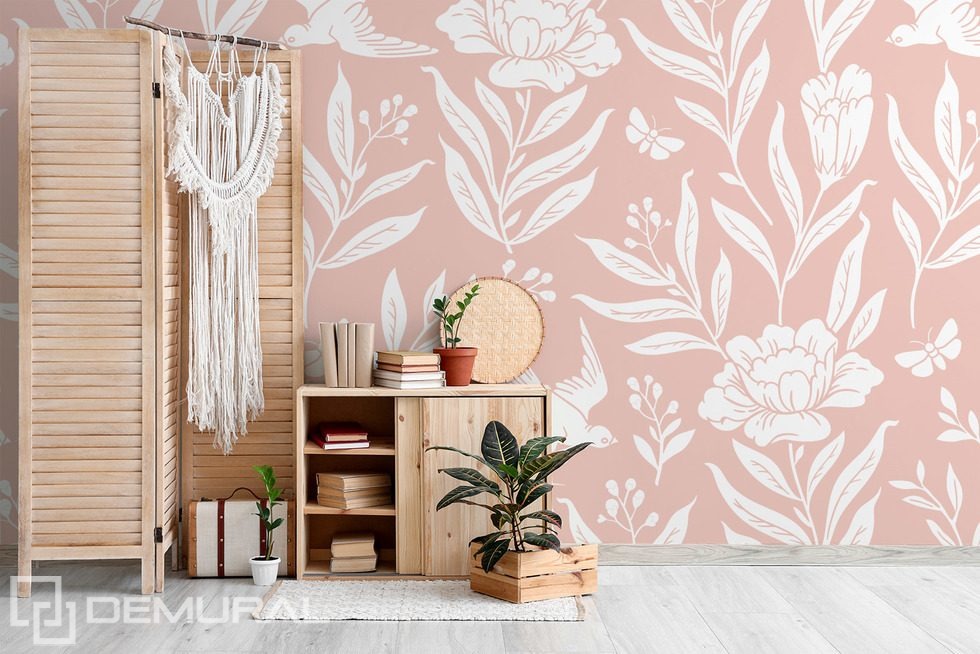 Puderrosa blommor i subtil boho-stil Tapeter för vardagsrummet Tapeter Demural