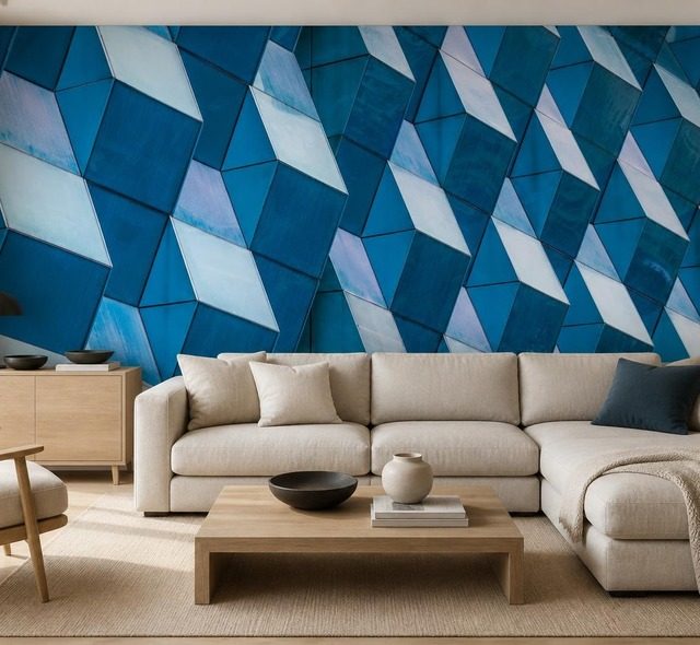 kontrastfull geometri i tredimensionella paneler i intensiva bla nyanser arkitektur tapeter tapeter demural
