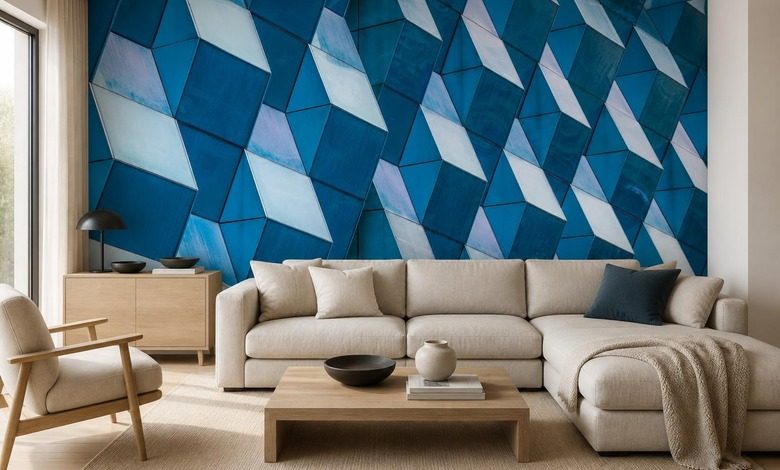 kontrastfull geometri i tredimensionella paneler i intensiva bla nyanser arkitektur tapeter tapeter demural