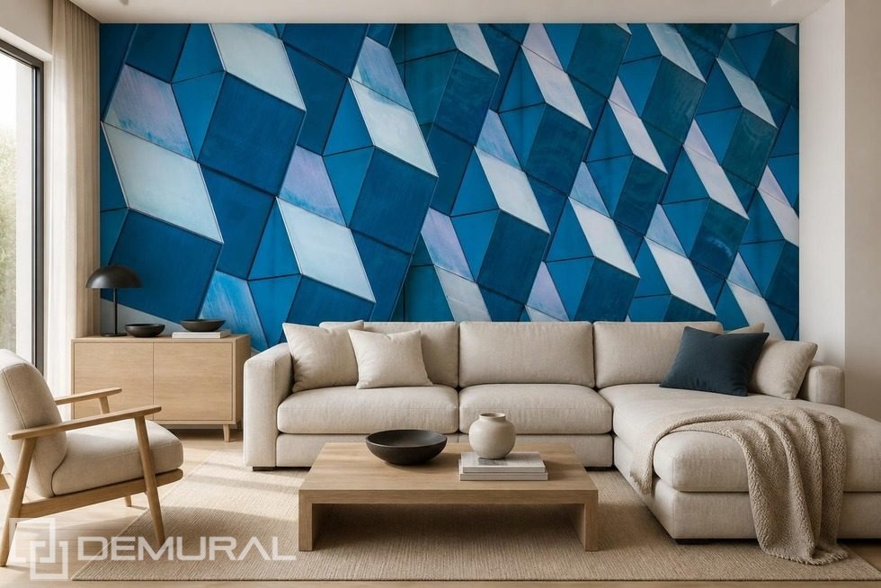 Kontrastfull geometri i tredimensionella paneler i intensiva blå nyanser Arkitektur Tapeter Tapeter Demural