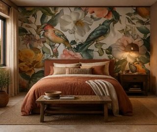rumslig komposition av faglar och blommor tapeter for sovrummet tapeter demural