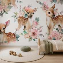 Pastellharmoni-med-hjortar-och-blommor-tapeter-for-ett-barns-rum-tapeter-demural