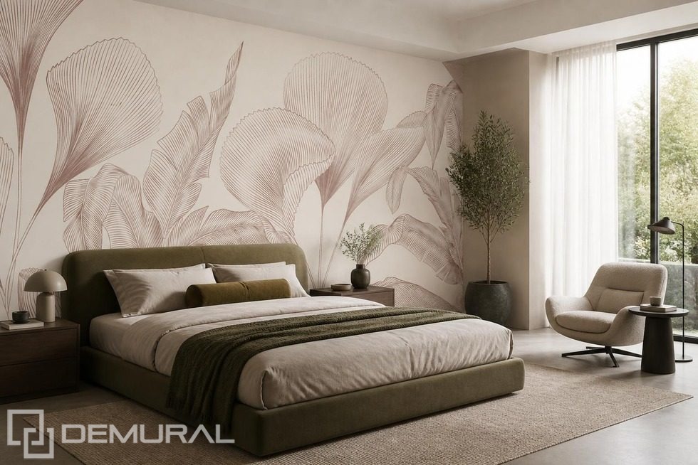 Minimalistiskt lövmotiv i dämpad färgpalett Tapeter för sovrummet Tapeter Demural