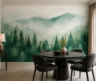 dimmig panorama av bergsskog skog tapeter tapeter demural