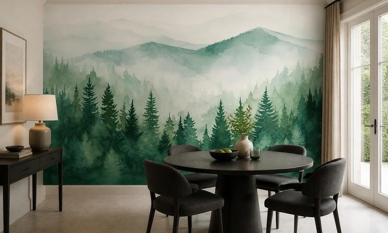 dimmig panorama av bergsskog skog tapeter tapeter demural