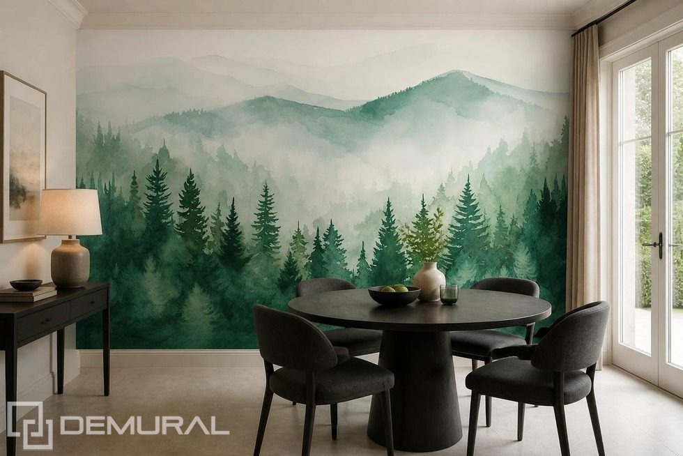 Dimmig panorama av bergsskog Skog Tapeter Tapeter Demural