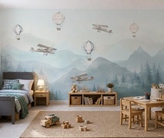 kontrasten mellan mjuka ballonger och bergslandskap tapeter for ett barns rum tapeter demural