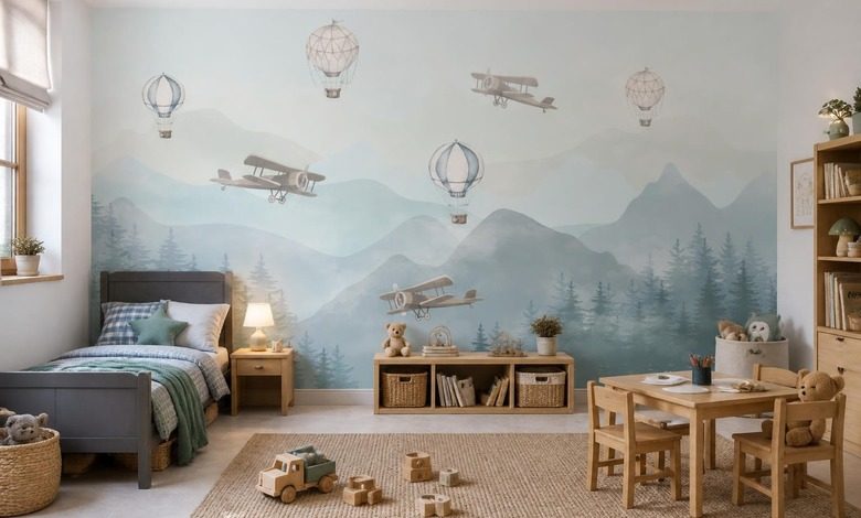 kontrasten mellan mjuka ballonger och bergslandskap tapeter for ett barns rum tapeter demural