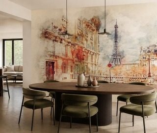 eiffeltornet och en parisisk gata i akvarelltoner eiffeltornet tapeter tapeter demural