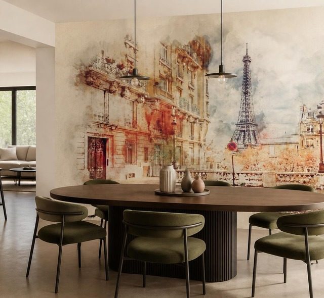 eiffeltornet och en parisisk gata i akvarelltoner eiffeltornet tapeter tapeter demural