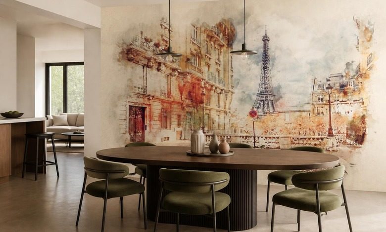 eiffeltornet och en parisisk gata i akvarelltoner eiffeltornet tapeter tapeter demural
