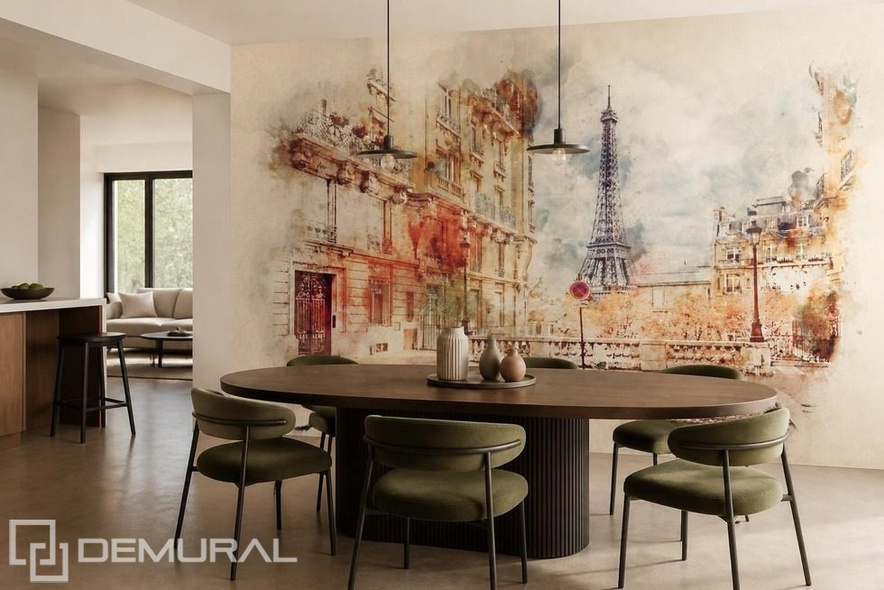 Eiffeltornet och en parisisk gata i akvarelltoner Eiffeltornet Tapeter Tapeter Demural