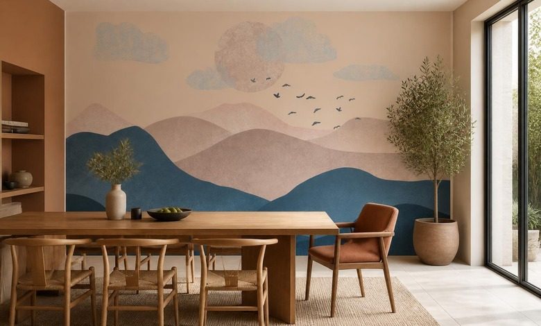 kontrasterande blatt och beige i bergslandskapet berg tapeter tapeter demural