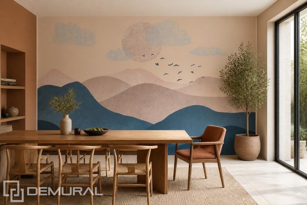 Kontrasterande blått och beige i bergslandskapet Berg Tapeter Tapeter Demural