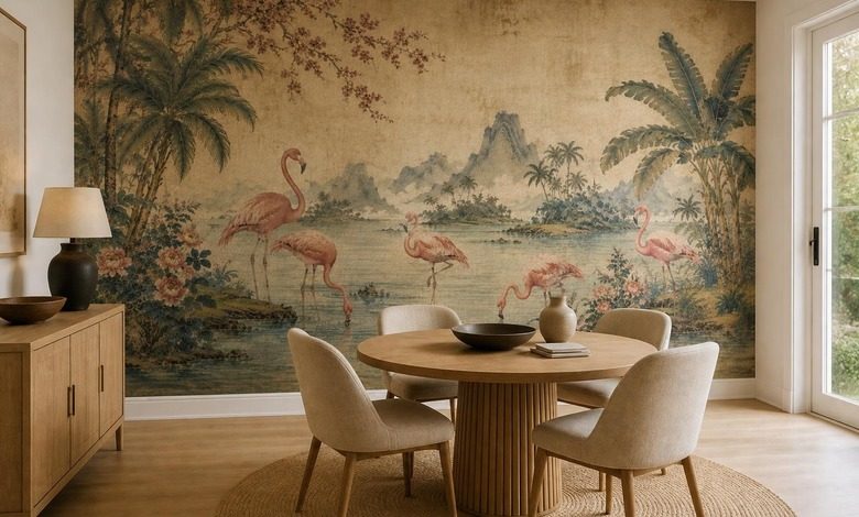 rytmiskt arrangemang av flamingomotiv orientaliska tapeter tapeter demural