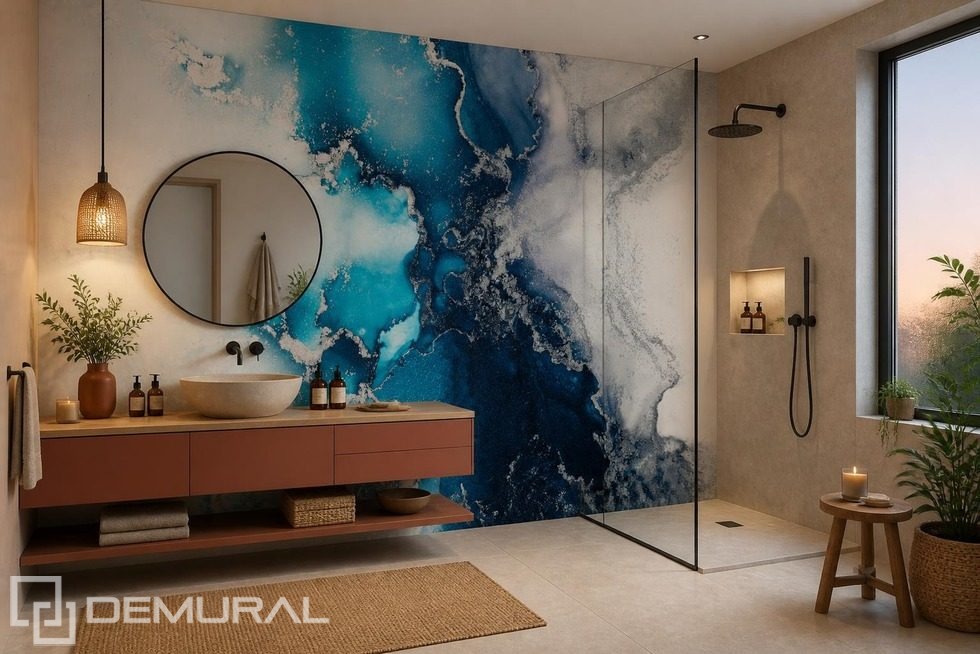 Kontrasten mellan intensiva blå nyanser och terrakotta Tapeter för badrummet Tapeter Demural