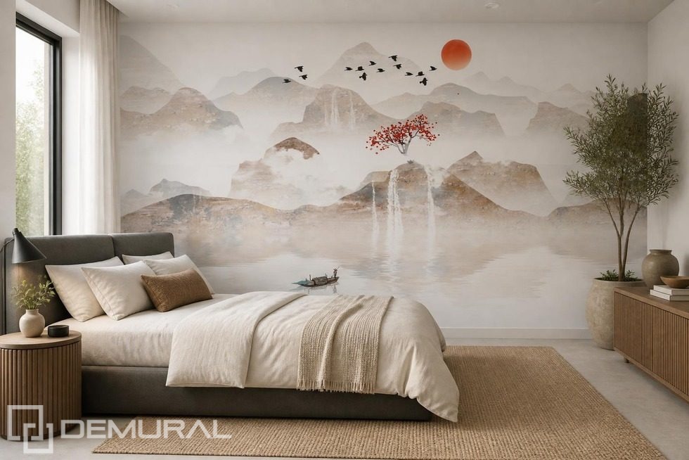Tysta berg med röd himmel Orientaliska Tapeter Tapeter Demural