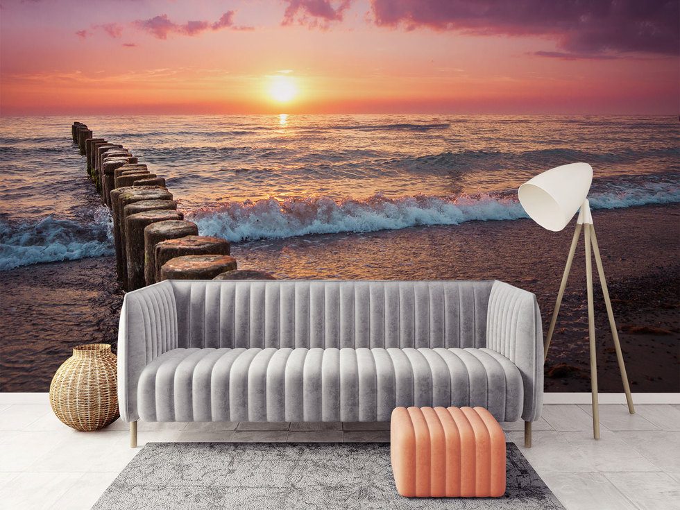 Solen, stranden, ljudet av havet Solnedgång Tapeter Tapeter Demural