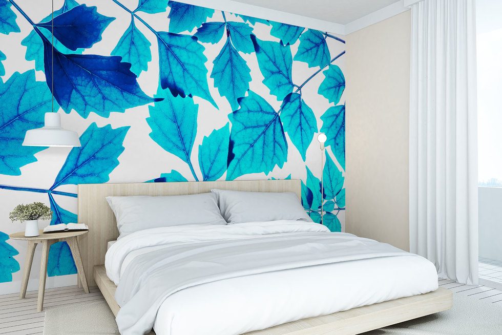 Tema med små blå löv Tapeter för sovrummet Tapeter Demural