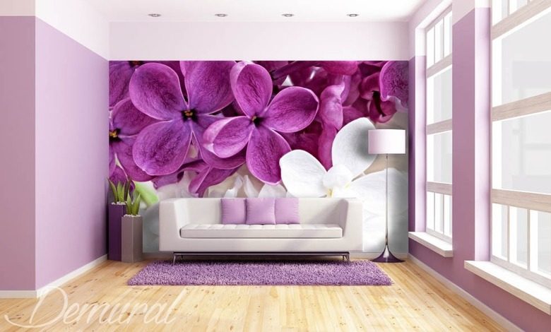 violett i vardagsrummet blommor tapeter tapeter demural