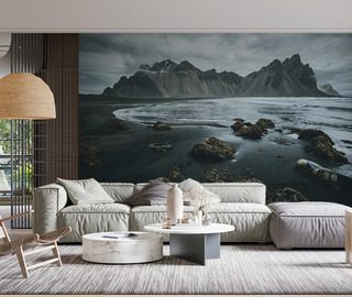 islandskt landskap med svart strand berg tapeter tapeter demural