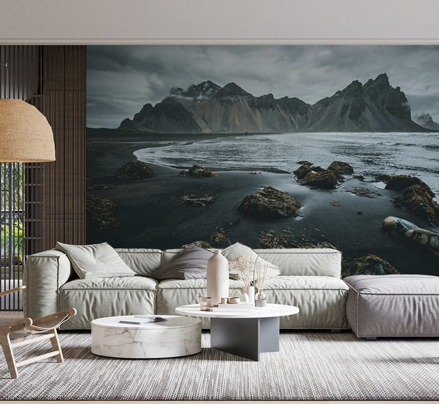 islandskt landskap med svart strand berg tapeter tapeter demural
