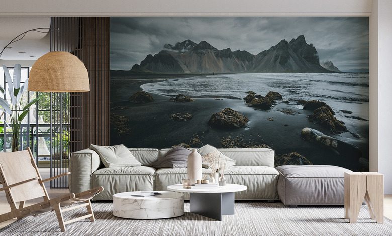 islandskt landskap med svart strand berg tapeter tapeter demural